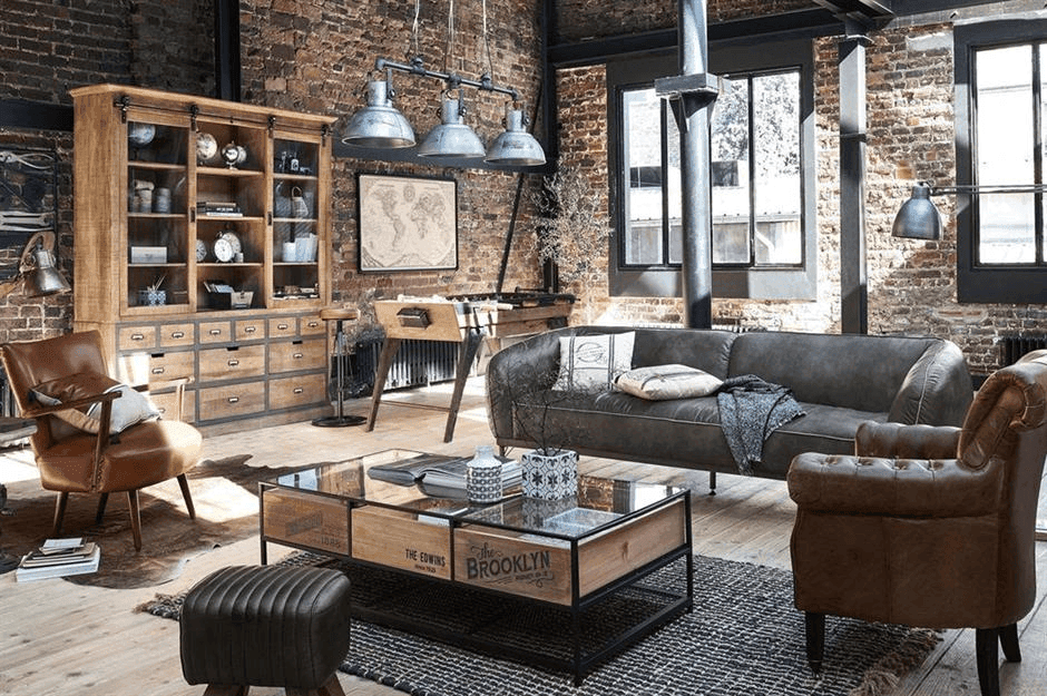 Factory-turn-residential aesthetic highlighting Industrial interior design style with utilitarian details and structural rawness
