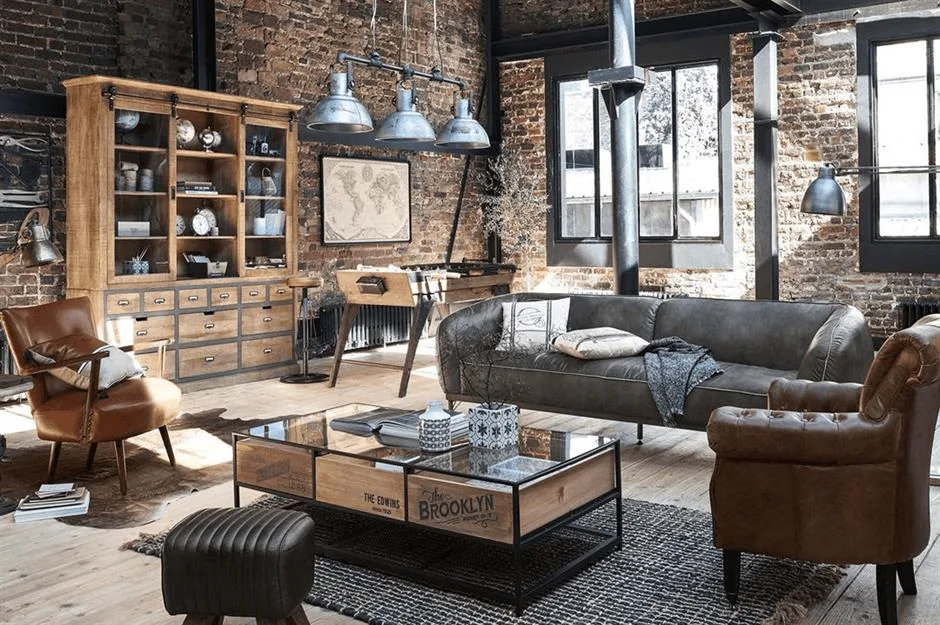 Factory-turn-residential aesthetic highlighting Industrial interior design style with utilitarian details and structural rawness