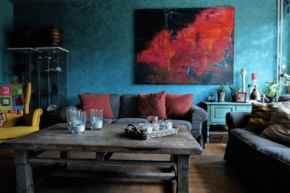 Free-spirited creative space embodying Bohemian interior design style with global accents and artistic layered textures