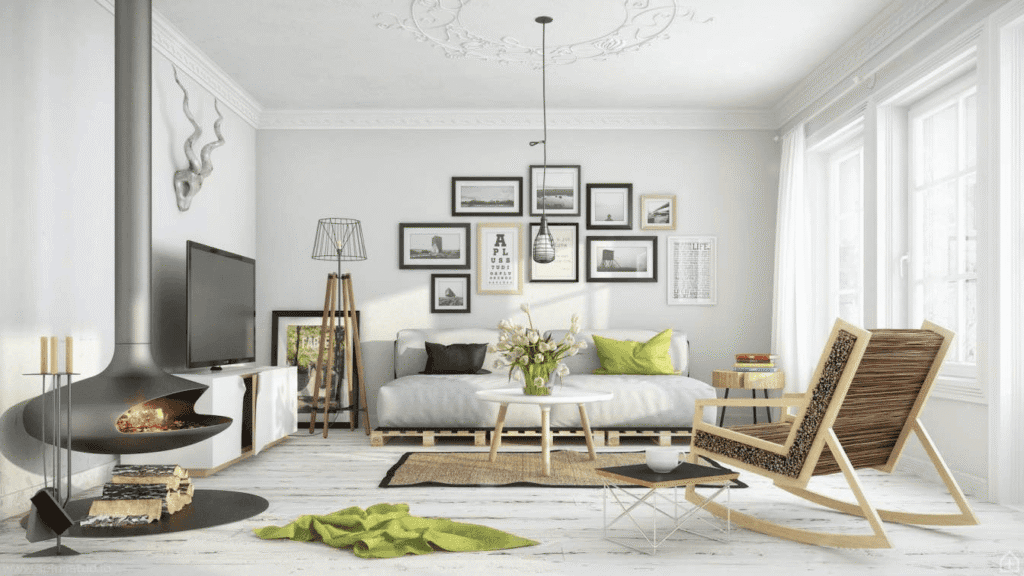 Functional minimalist room capturing the essence of Scandinavian interior design style through simplicity and natural elements