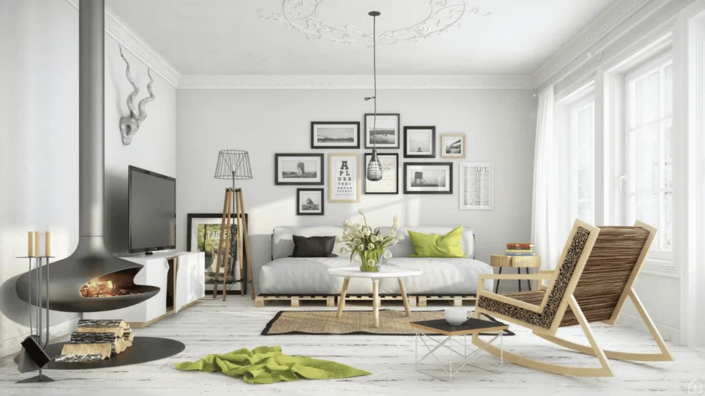 Functional minimalist room capturing the essence of Scandinavian interior design style through simplicity and natural elements