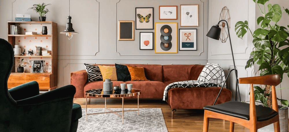 Mid-century pop-culture throwback illustrating Retro interior design style with playful shapes and spirited color pairings