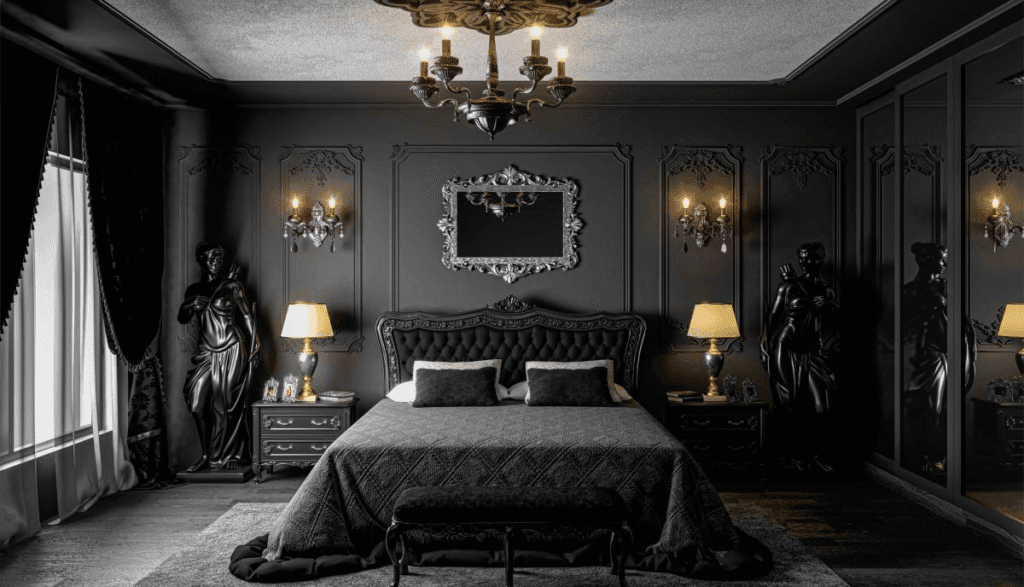 Mysterious dramatic setting reflecting Gothic interior design style with bold statement features and dark medieval elegance