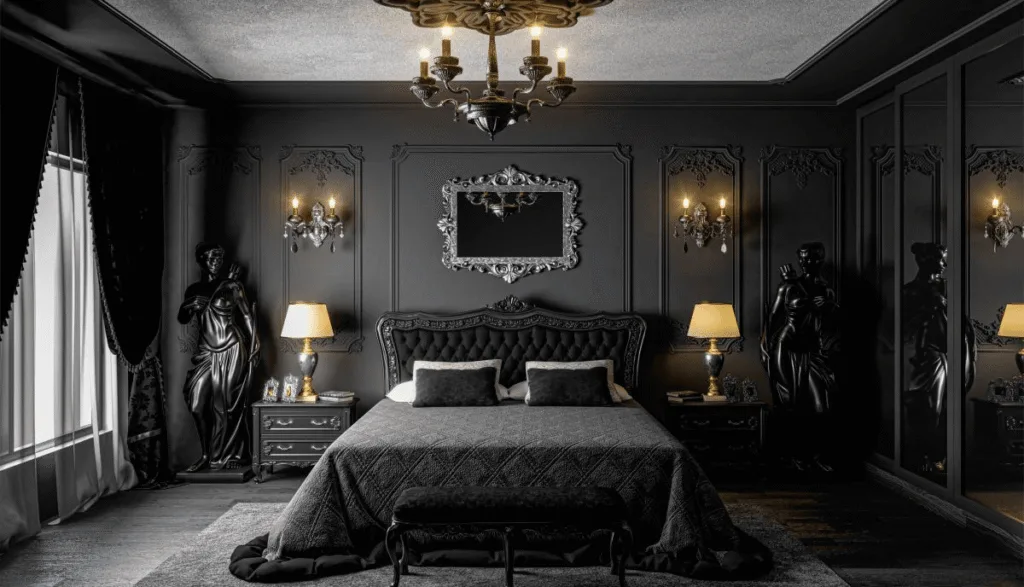 Mysterious dramatic setting reflecting Gothic interior design style with bold statement features and dark medieval elegance
