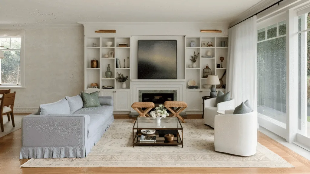 Upscale maritime aesthetic showcasing Hamptons interior design style through sophisticated coastal and lakeside luxury elements