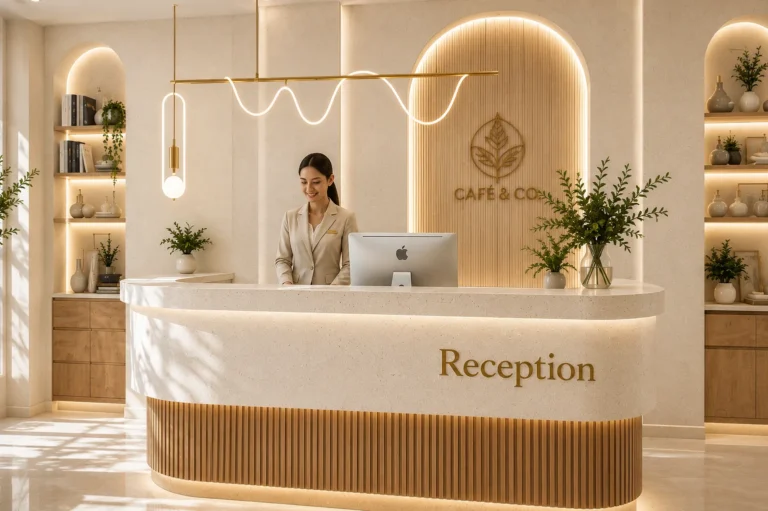 Corporate reception waiting area interior design Dubai day view