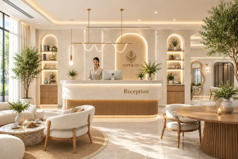 Corporate reception seating and feature wall design Dubai day view