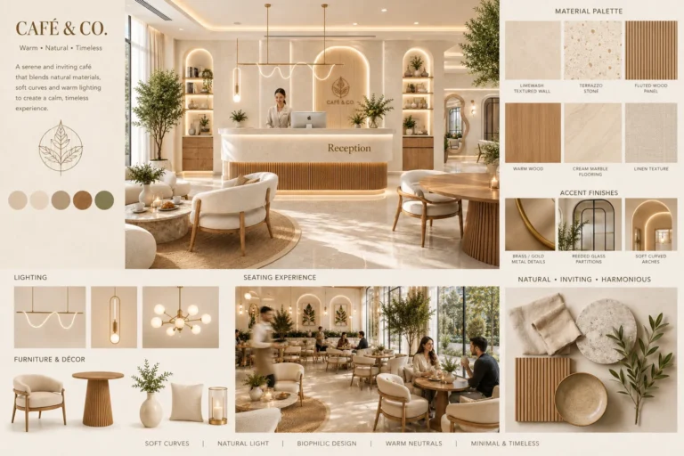 Corporate reception interior design mood board with material palette
