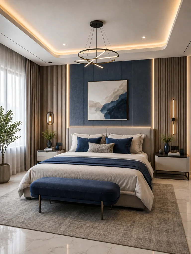 Master bedroom headboard and lighting design Dubai residence