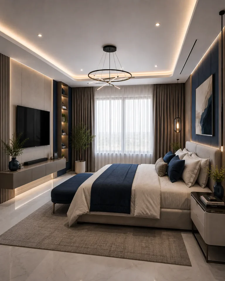 Master bedroom bedside and window treatment design Dubai residence