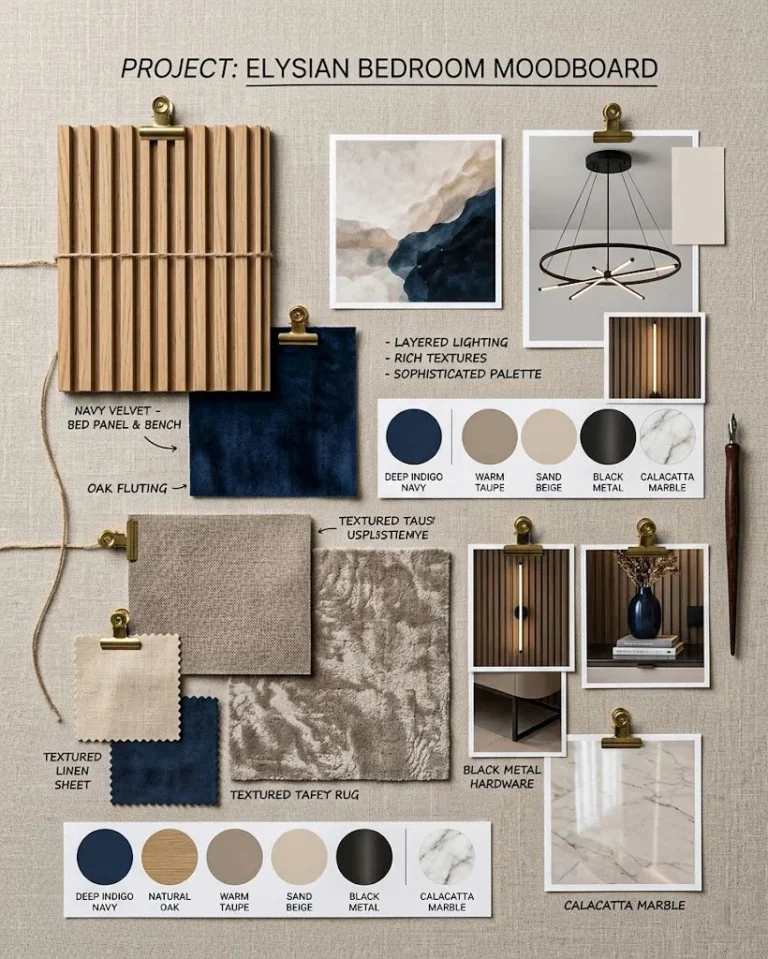 Master bedroom interior design mood board with textures and colours