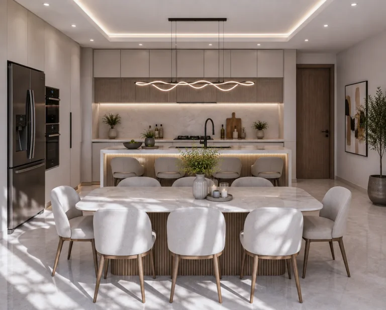 Open kitchen and dining area design in a Dubai family residence