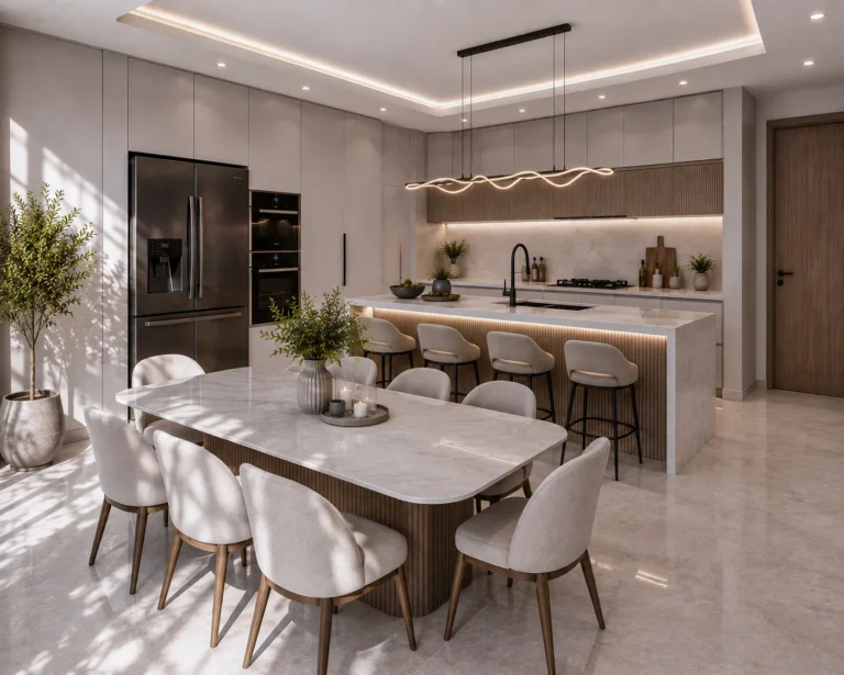 Kitchen island and dining table design in a Dubai residence