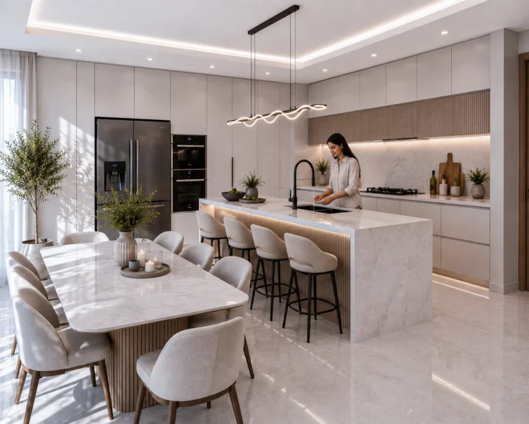 Kitchen cabinetry and breakfast bar design Dubai residence