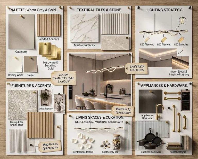 Kitchen and dining interior design mood board with stone and timber