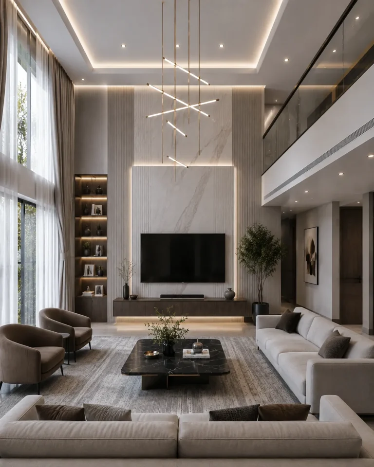 Living room seating and lighting design in a Dubai family residence