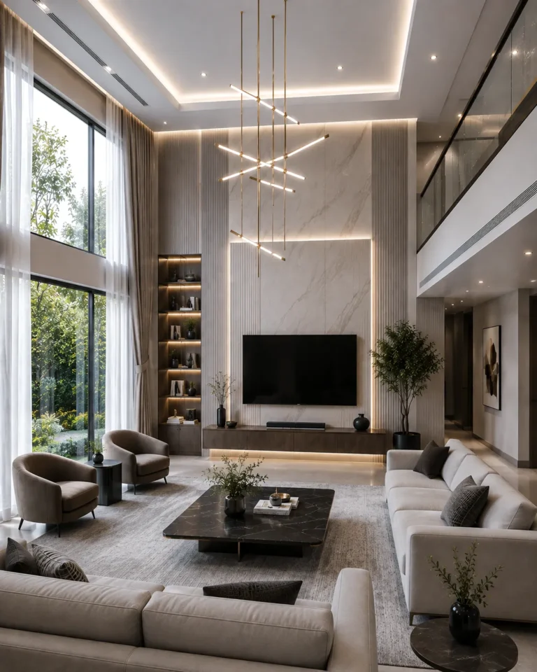 Living room feature wall and console design Dubai residence