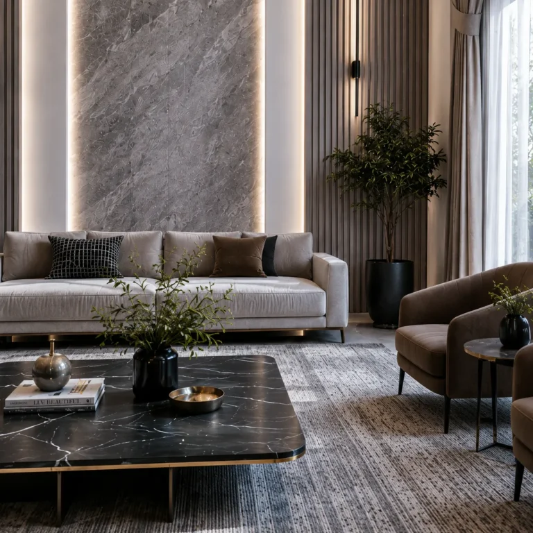 Living room television wall and shelving design Dubai residence