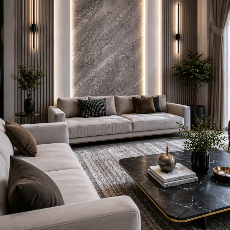 Living room sofa arrangement and rug design Dubai residence