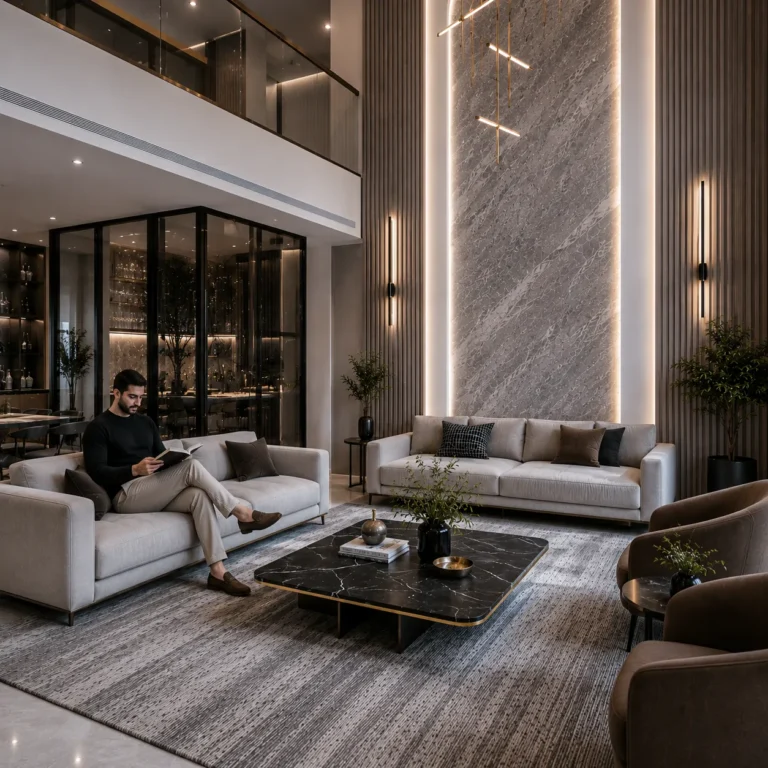 Living room detail of layered lighting design Dubai residence