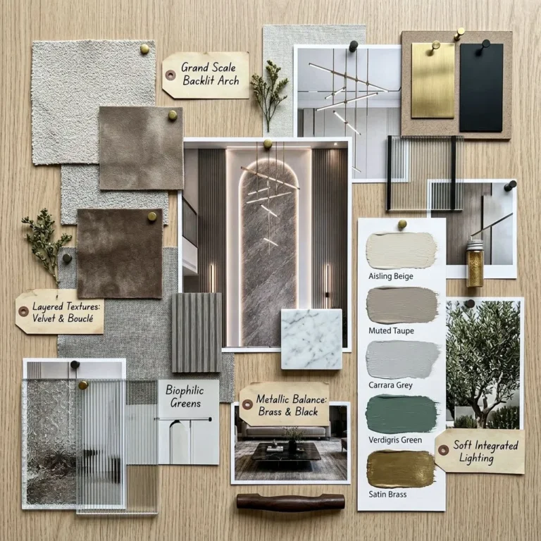 Living room interior design mood board with fabrics and finishes
