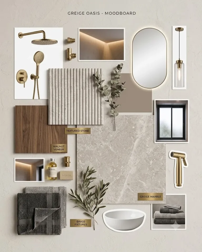 Washroom interior design mood board with tiles and fittings