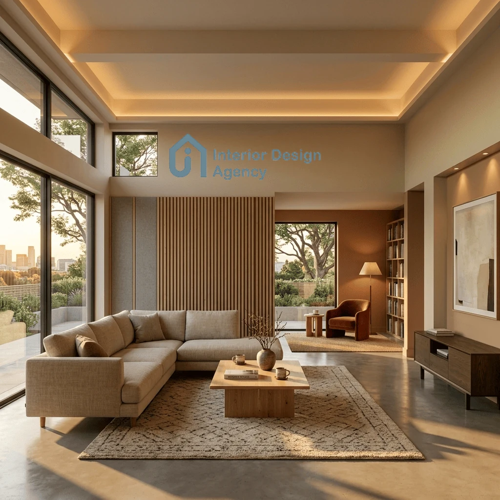 layered lighting and acoustics reflect the qualities of an interior design agency